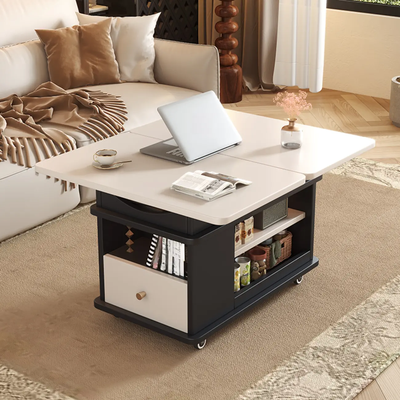 Rectangle Foldable Lift Top Wood Metal Side Table with Wheels Image - 5 | homeyfad