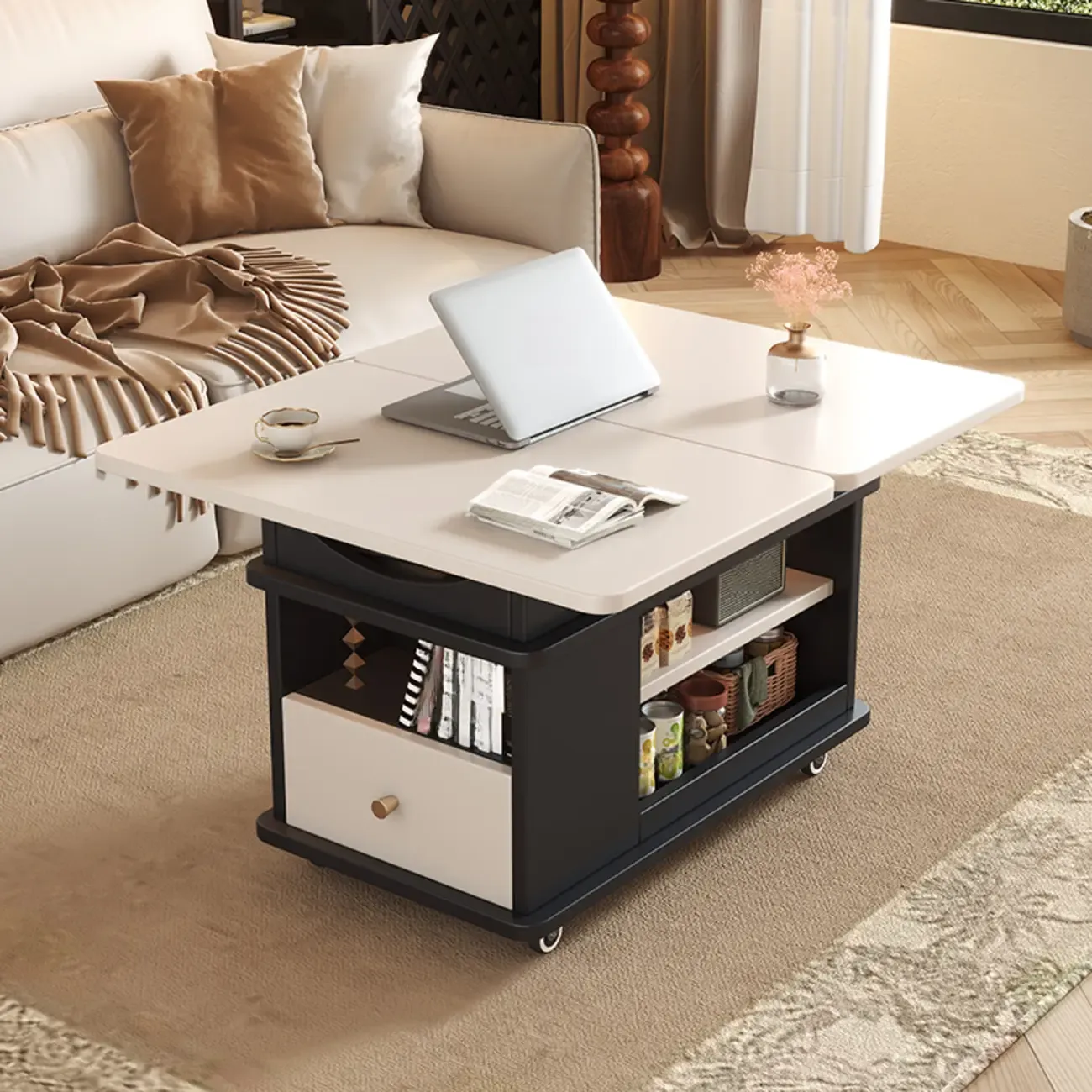 Rectangle Foldable Lift Top Wood Metal Side Table with Wheels Image - 5