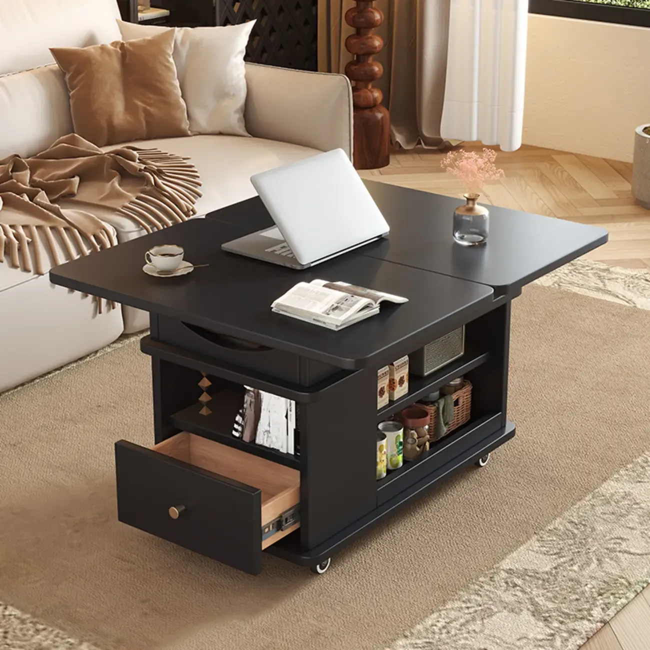 Rectangle Foldable Lift Top Wood Metal Side Table with Wheels Image - 7