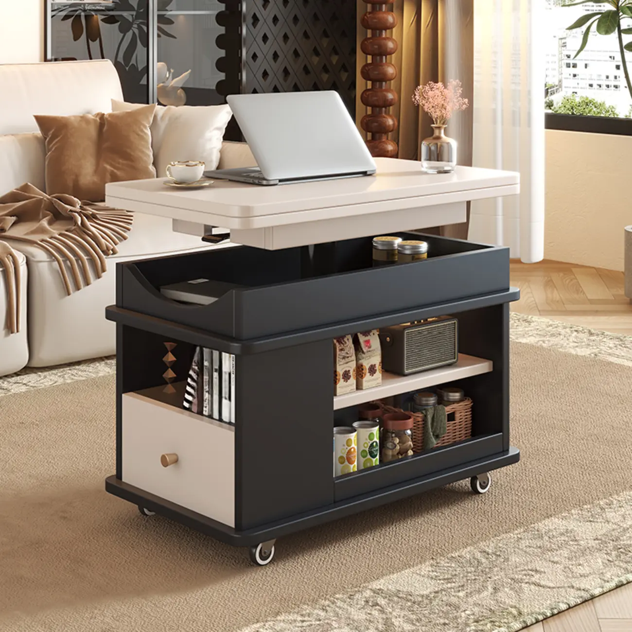 Rectangle Foldable Lift Top Wood Metal Side Table with Wheels Image - 12 | homeyfad