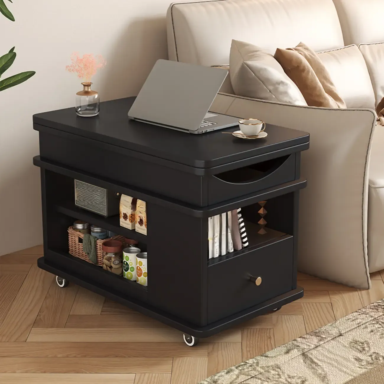 Rectangle Foldable Lift Top Wood Metal Side Table with Wheels Image - 13