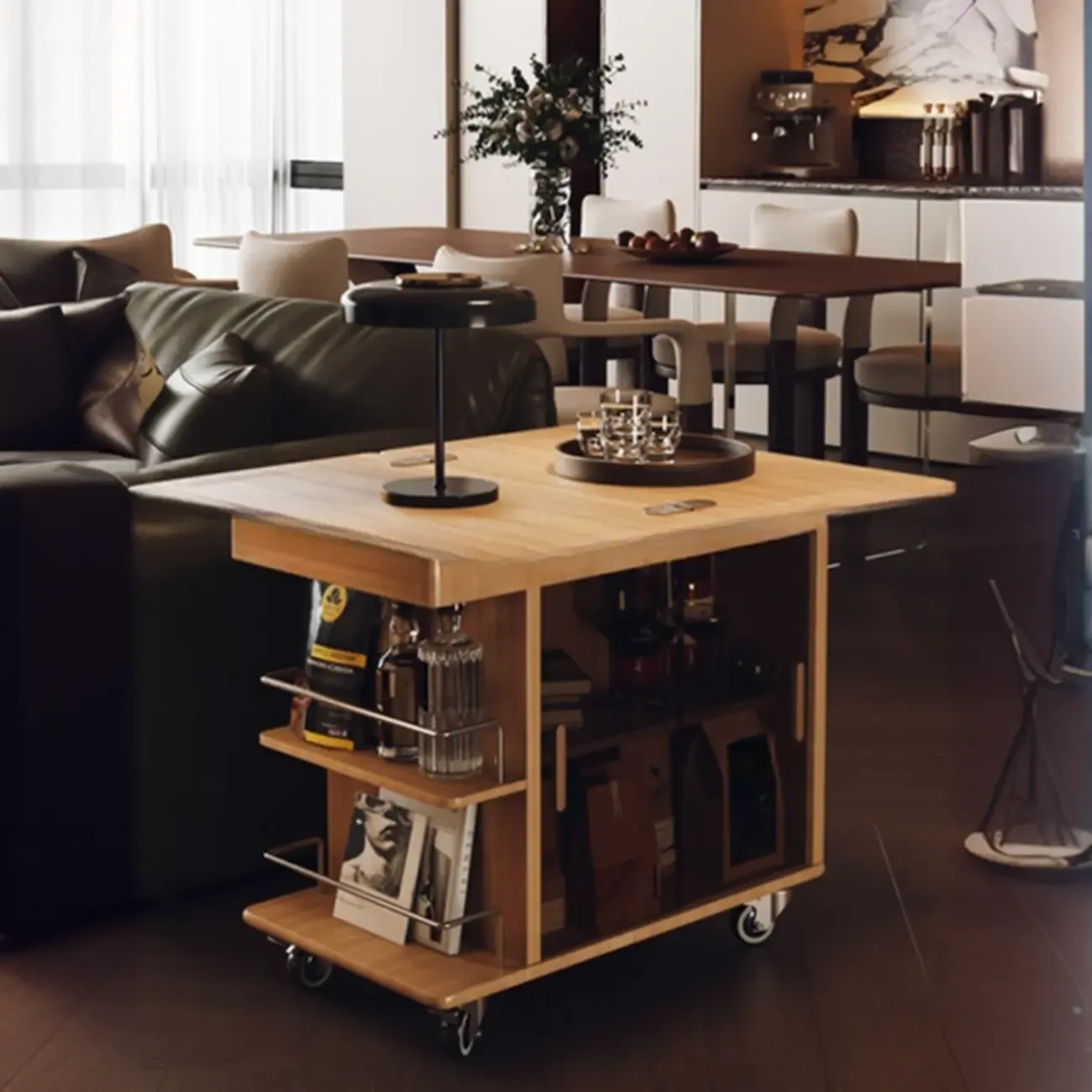 Elegant White Multi-function Wooden Wheel Side Table Image - 3