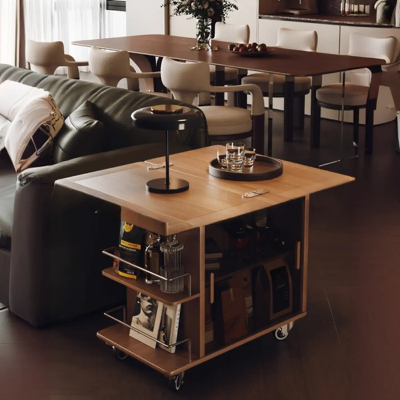 Elegant White Multi-function Wooden Wheel Side Table Image - 4 | homeyfad