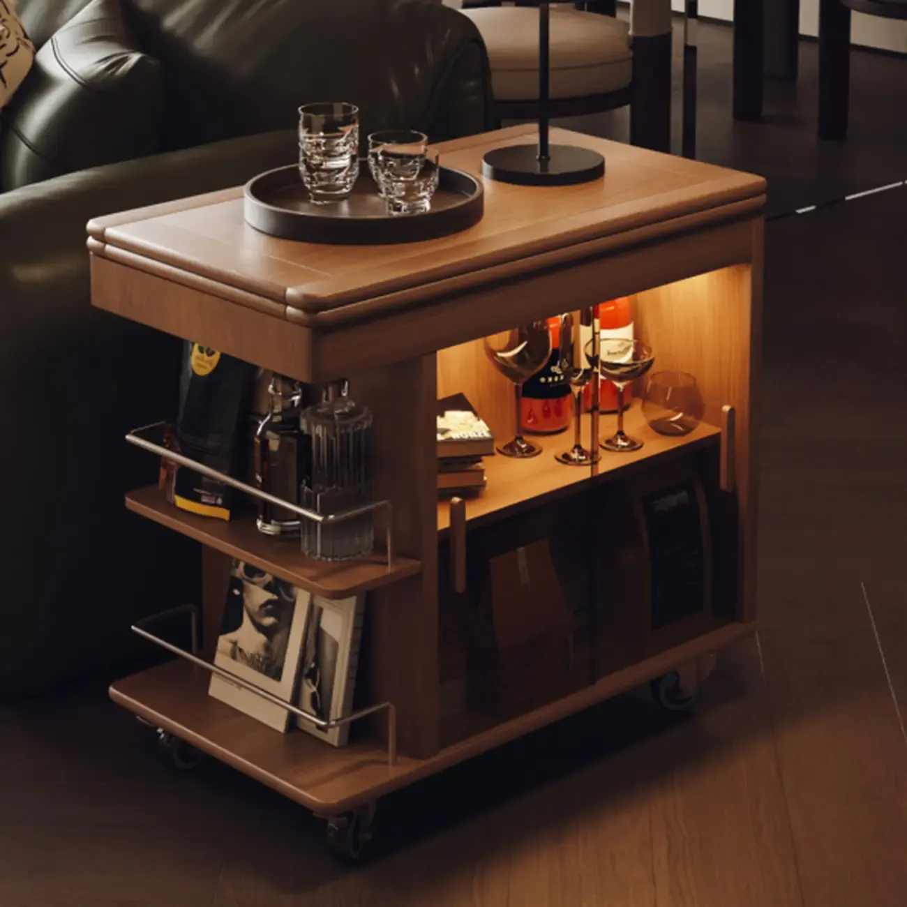 Elegant White Multi-function Wooden Wheel Side Table Image - 2