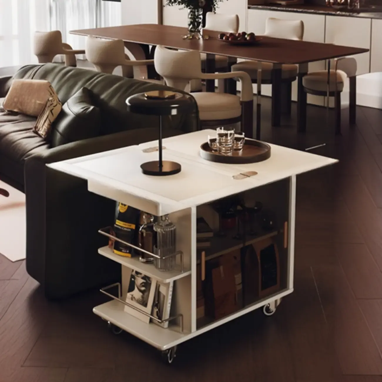 Elegant White Multi-function Wooden Wheel Side Table Image - 5