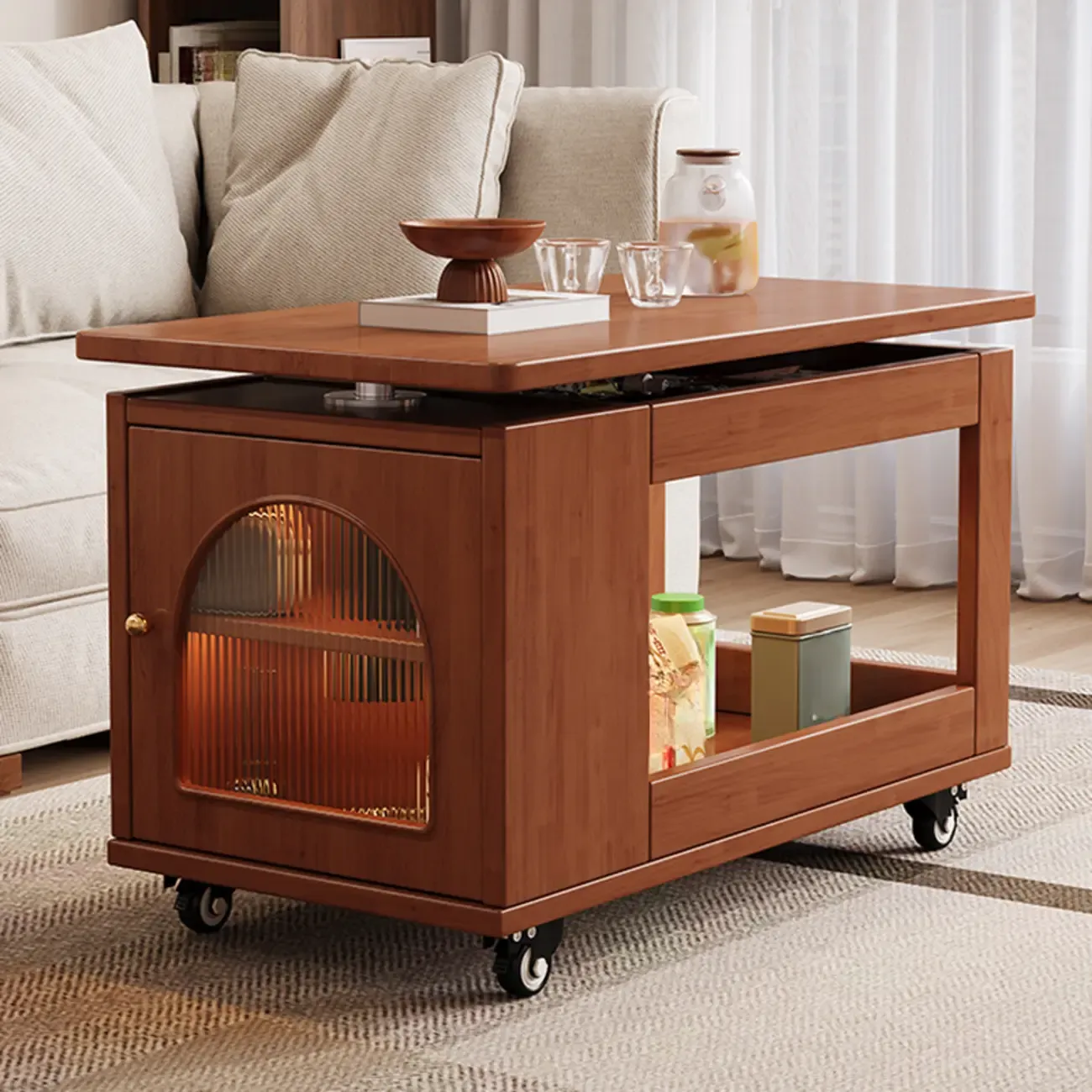 Adjustable Swivel Top Walnut Wood Wheel Side Table Image - 1