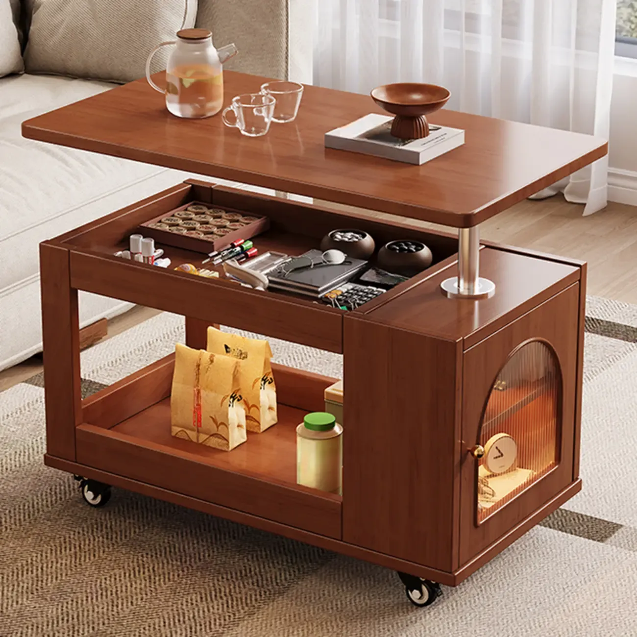 Adjustable Swivel Top Walnut Wood Wheel Side Table Image - 2