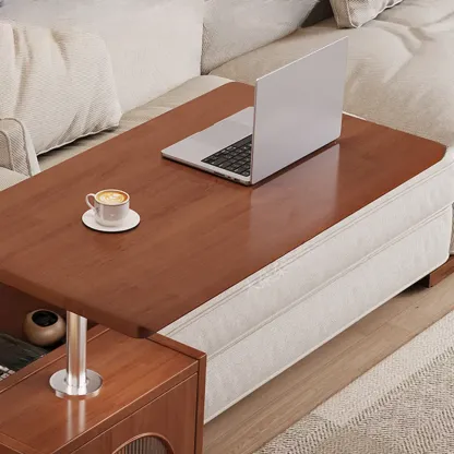 Adjustable Swivel Top Walnut Wood Wheel Side Table Image - 6