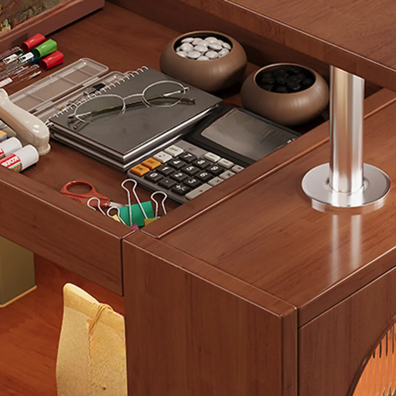 Adjustable Swivel Top Walnut Wood Wheel Side Table Image - 4