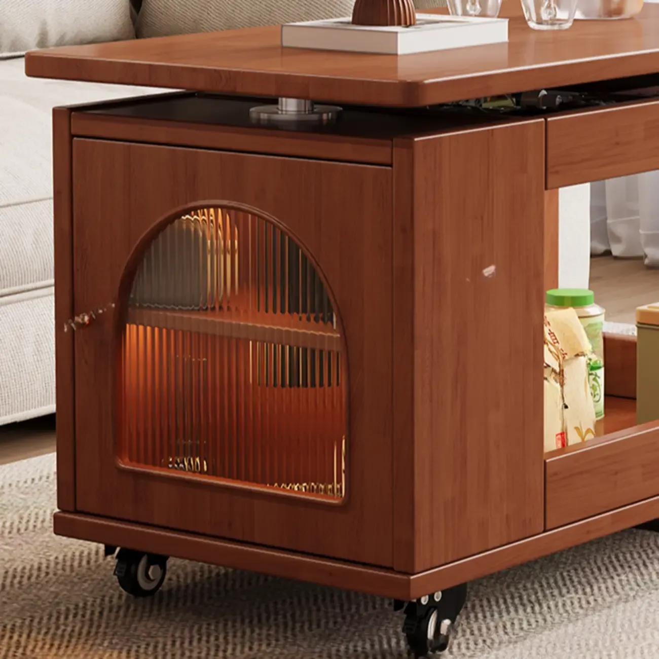 Adjustable Swivel Top Walnut Wood Wheel Side Table Image - 7