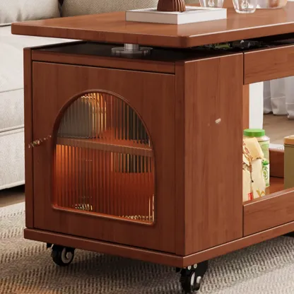 Adjustable Swivel Top Walnut Wood Wheel Side Table Image - 7