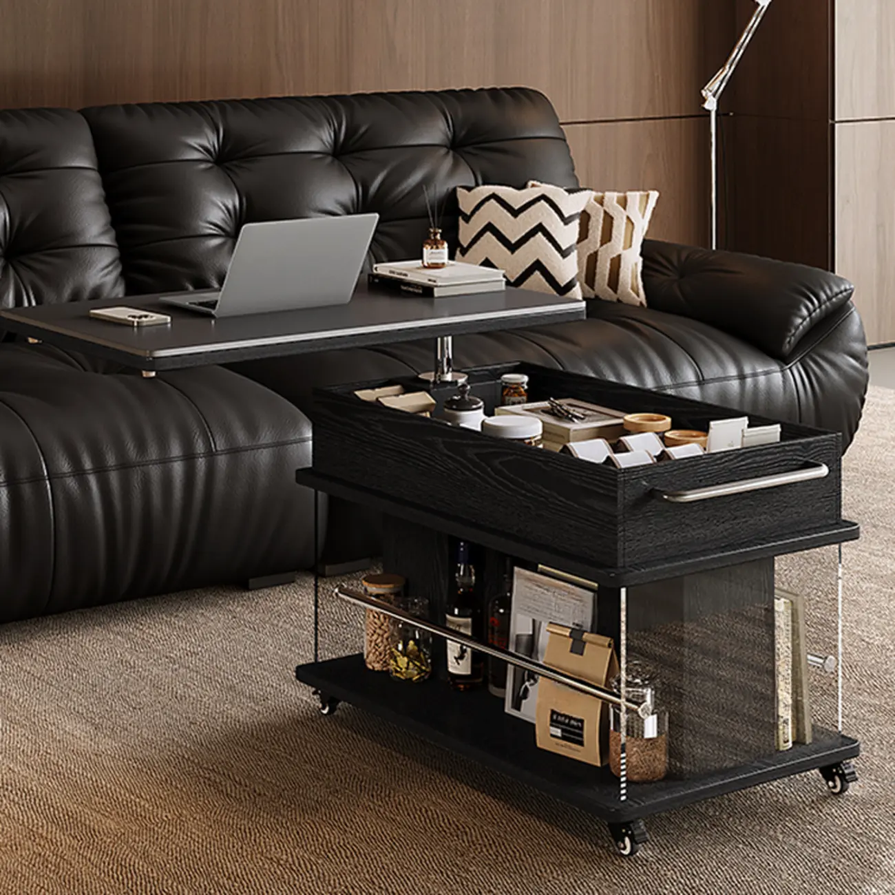 Black Lift Top Storage RollingCoffee Table For Living Room Image - 5 | homeyfad