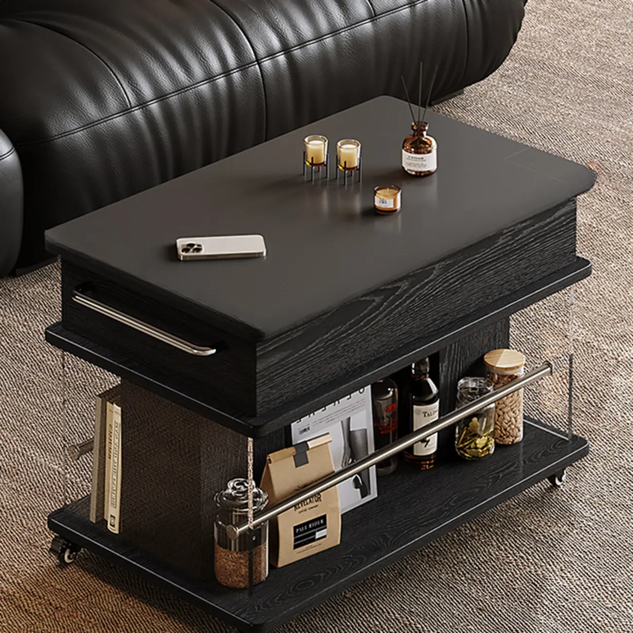 Black Lift Top Storage RollingCoffee Table For Living Room Image - 2 | homeyfad