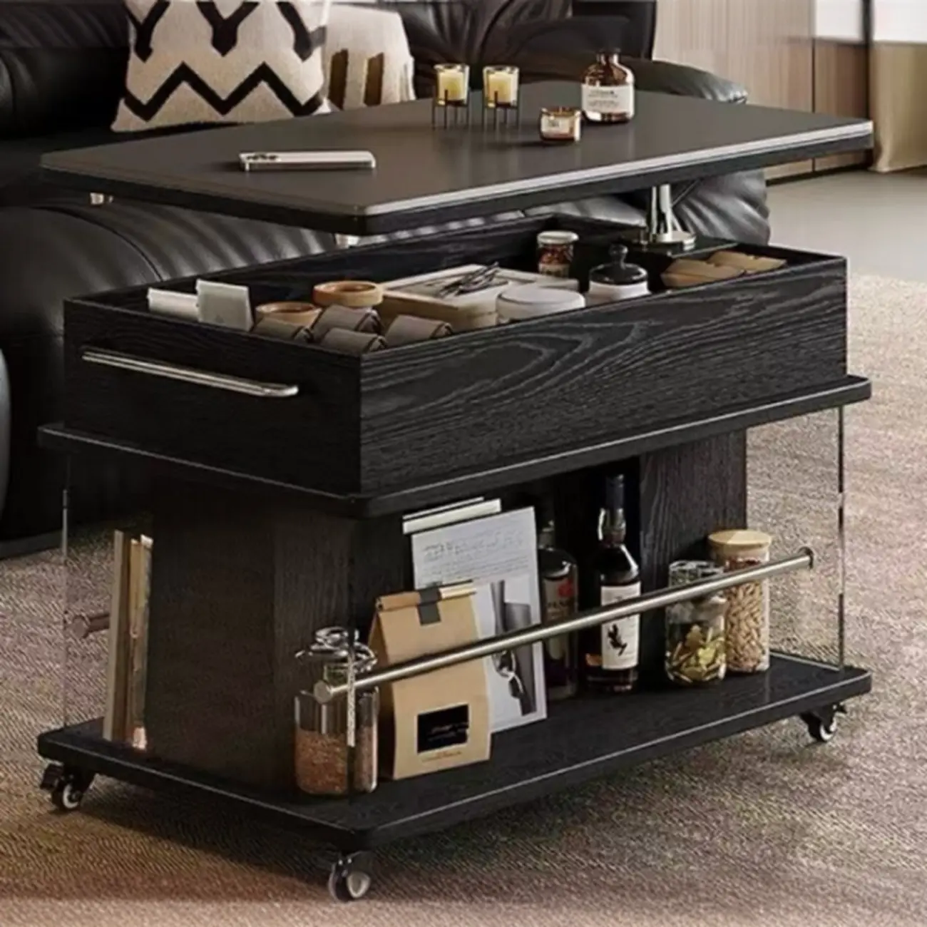 Black Lift Top Storage RollingCoffee Table For Living Room Image - 6 | homeyfad