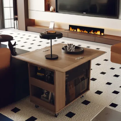 Modern Folding Table Top Wood Mobile Side Table with Wheels Image - 2