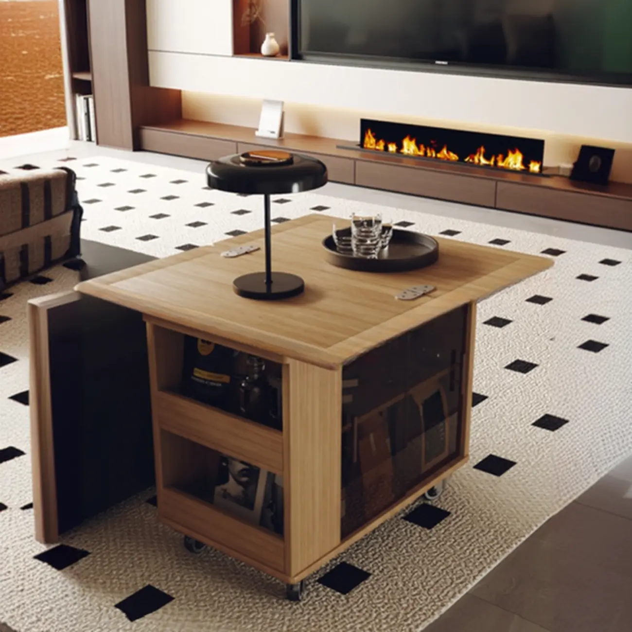 Modern Folding Table Top Wood Mobile Side Table with Wheels Image - 4 | homeyfad