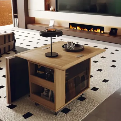 Modern Folding Table Top Wood Mobile Side Table with Wheels Image - 4