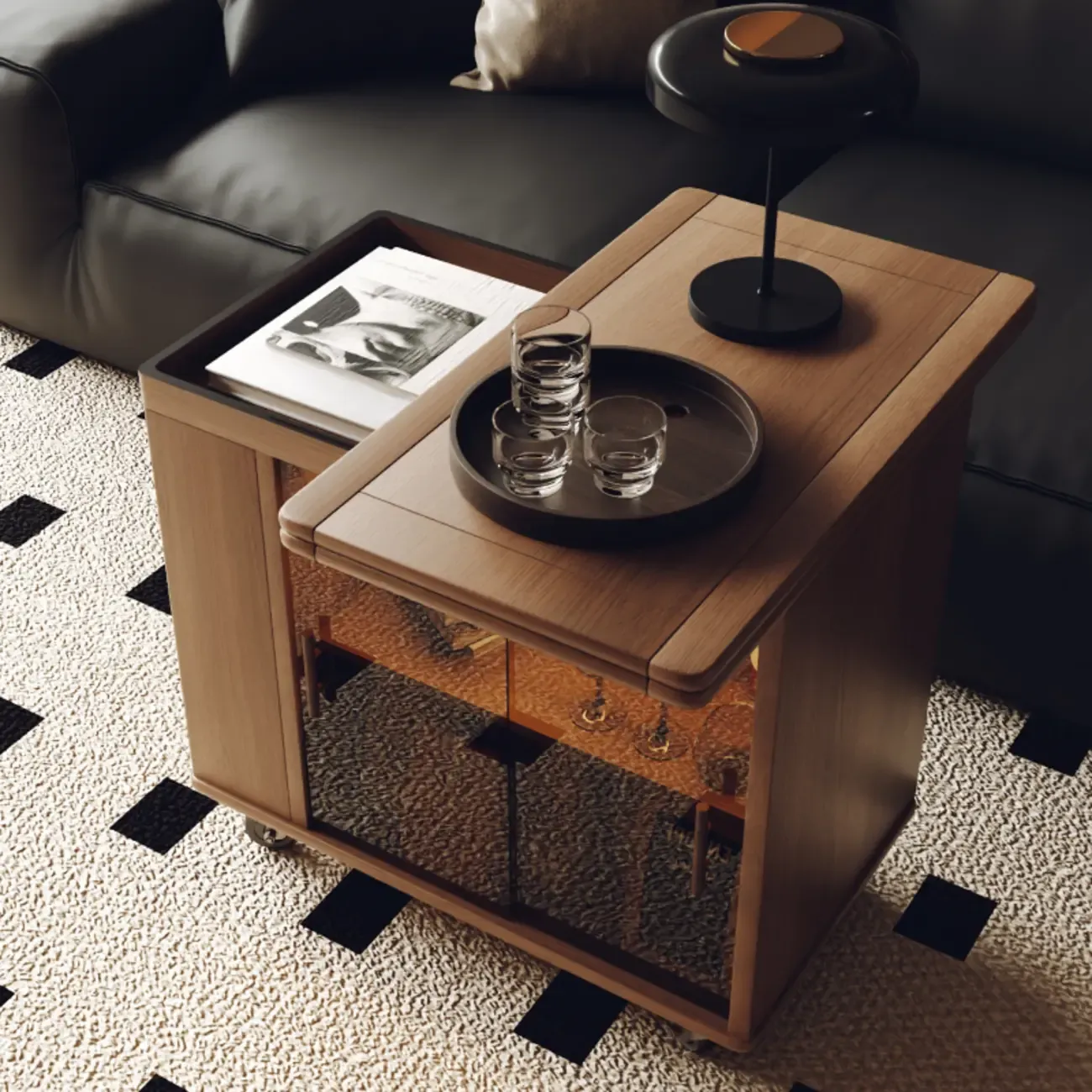 Modern Folding Table Top Wood Mobile Side Table with Wheels Image - 3