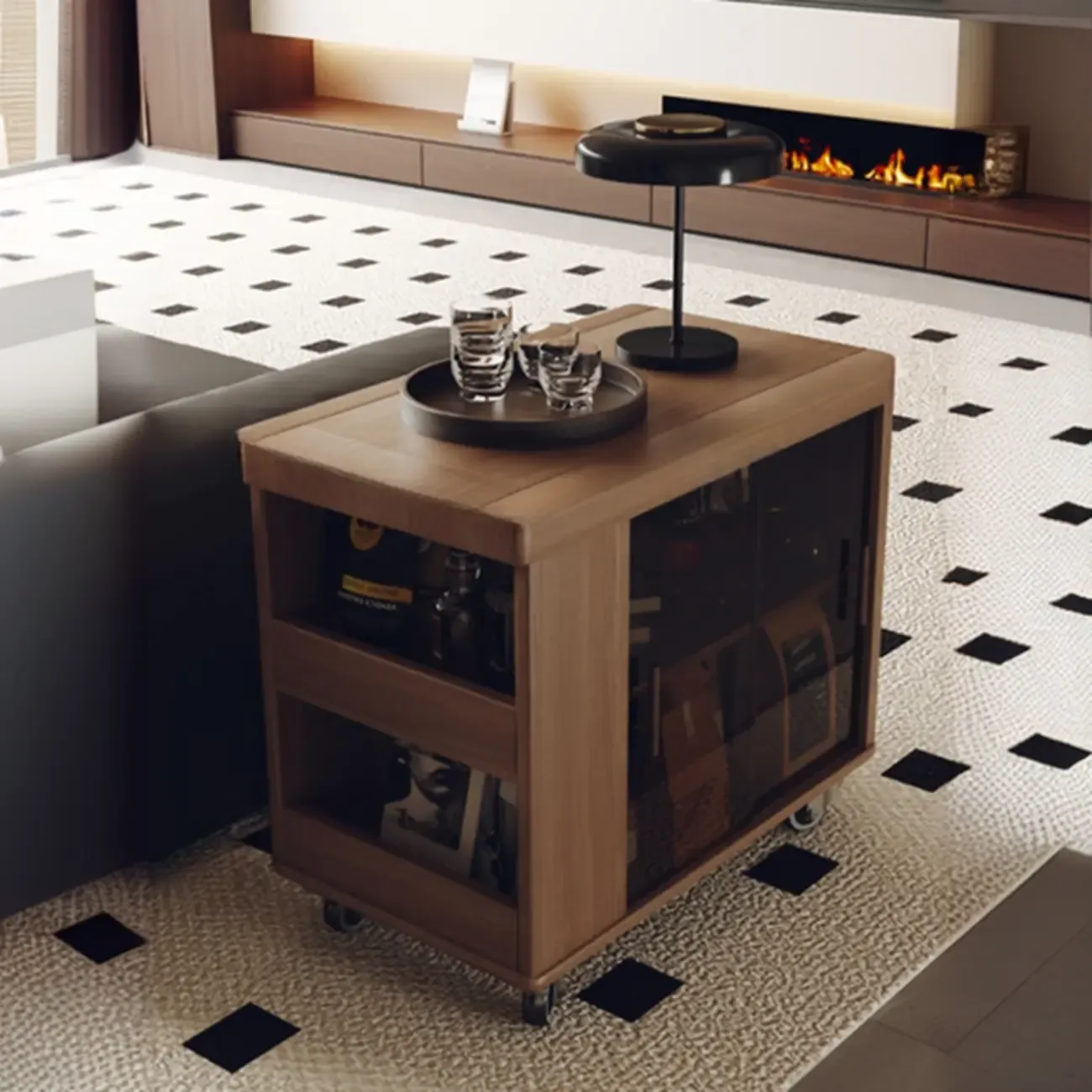 Modern Folding Table Top Wood Mobile Side Table with Wheels Image - 7