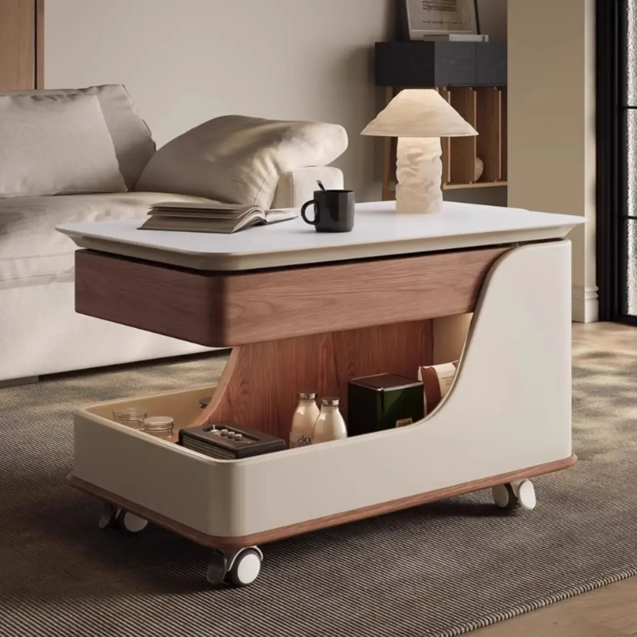 White Adjustable Top Modern Rolling Wood Side Table Image - 1