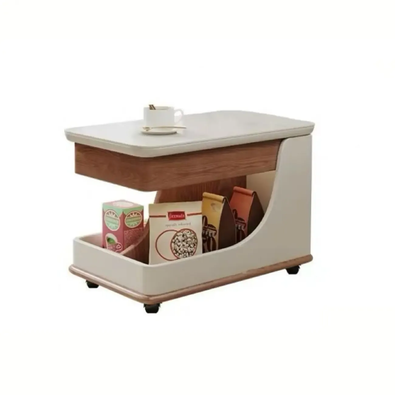 White Adjustable Top Modern Rolling Wood Side Table Image - 9