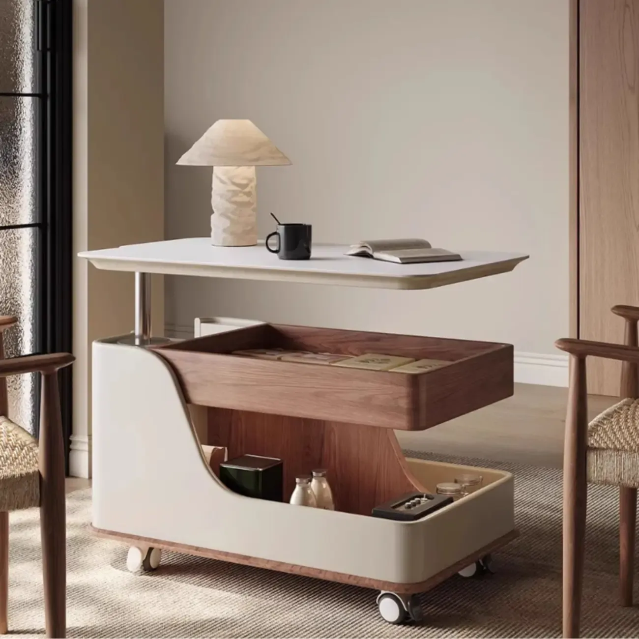 White Adjustable Top Modern Rolling Wood Side Table Image - 2