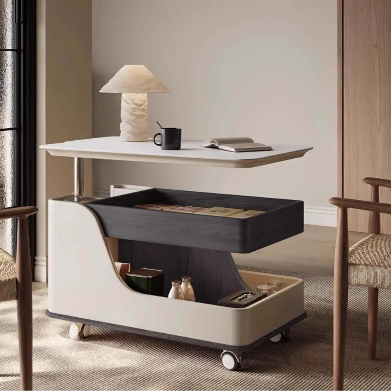 White Adjustable Top Modern Rolling Wood Side Table Image - 4