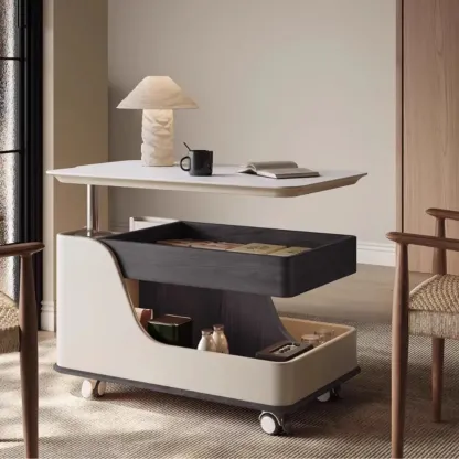 White Adjustable Top Modern Rolling Wood Side Table Image - 4