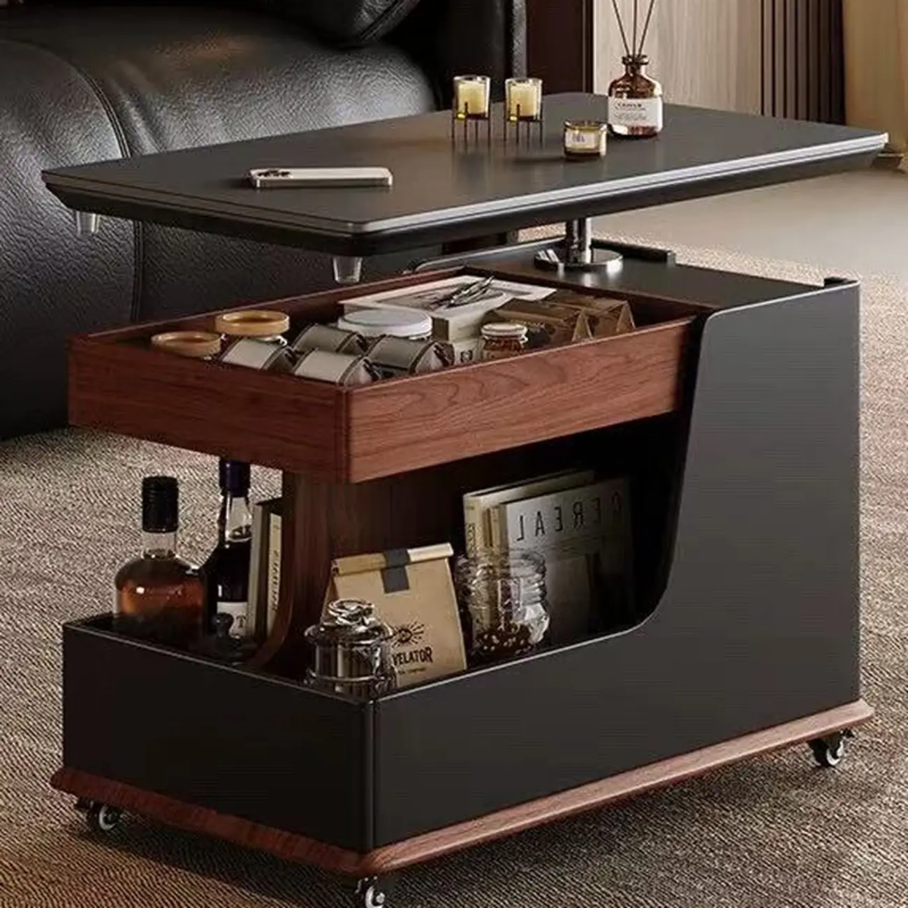 White Adjustable Top Modern Rolling Wood Side Table Image - 3 | homeyfad