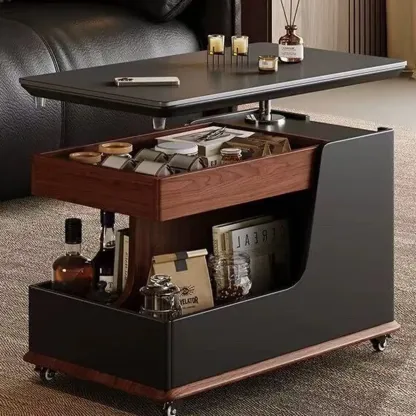 White Adjustable Top Modern Rolling Wood Side Table Image - 3