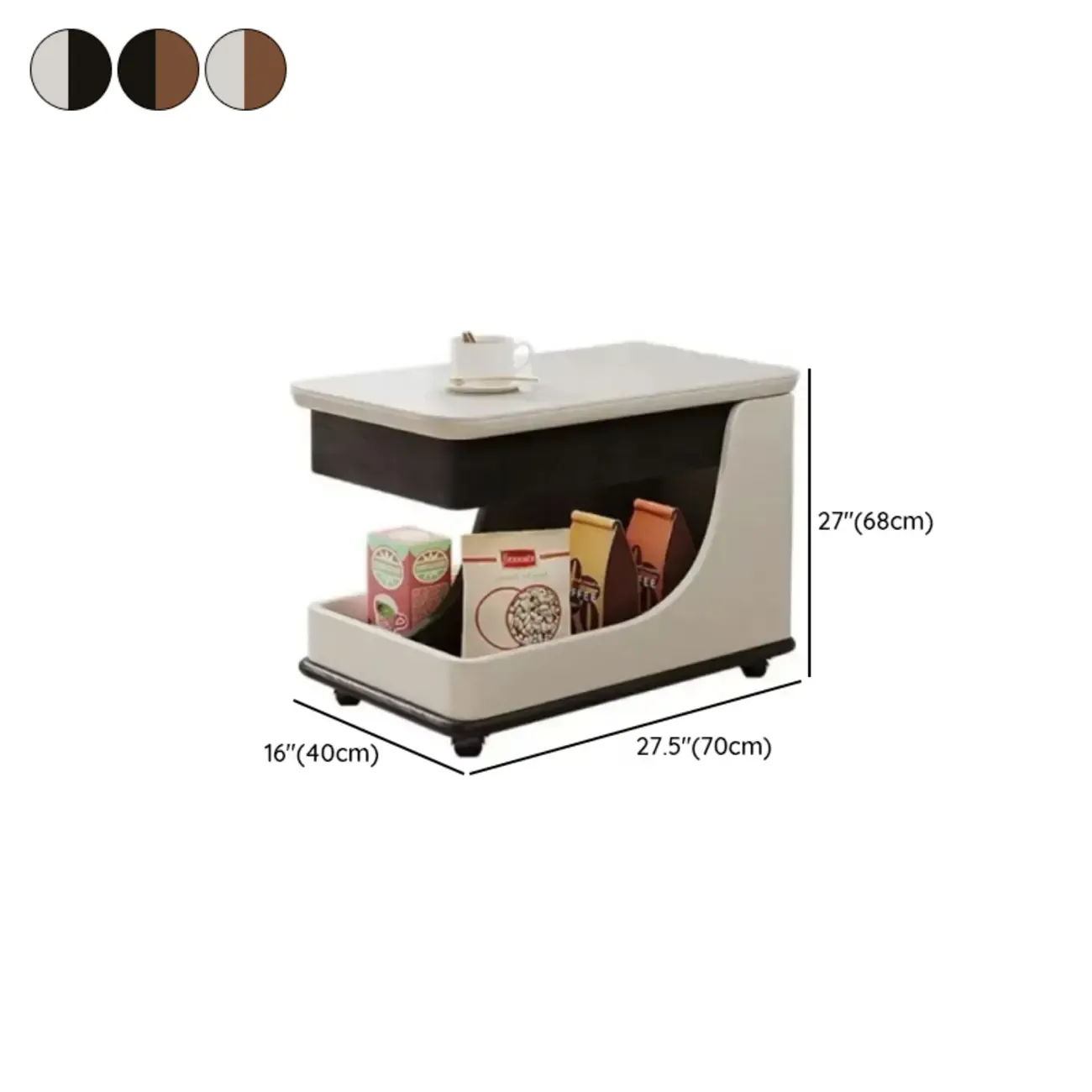 White Adjustable Top Modern Rolling Wood Side Table #size