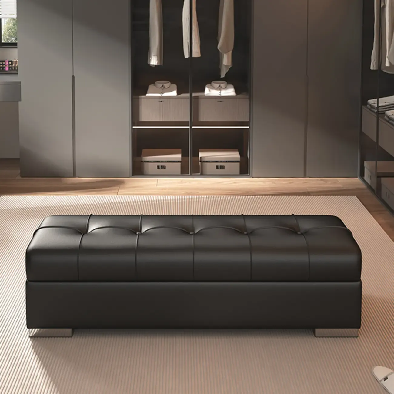 Modern Leather Upholstered Bedroom Bench with Storage Image - 1