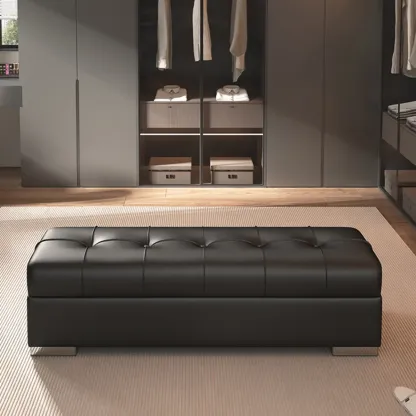Modern Leather Upholstered Bedroom Bench with Storage Image - 1