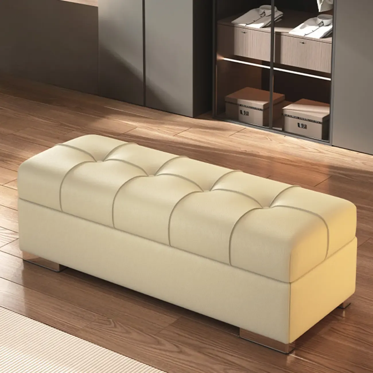 Modern Leather Upholstered Bedroom Bench with Storage Image - 2
