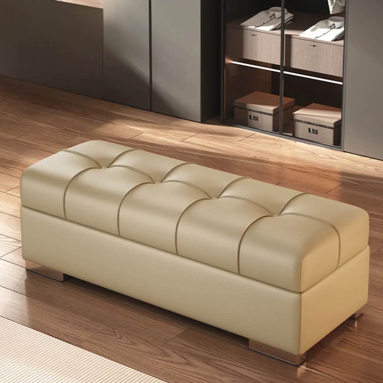 Modern Leather Upholstered Bedroom Bench with Storage Image - 3 | homeyfad