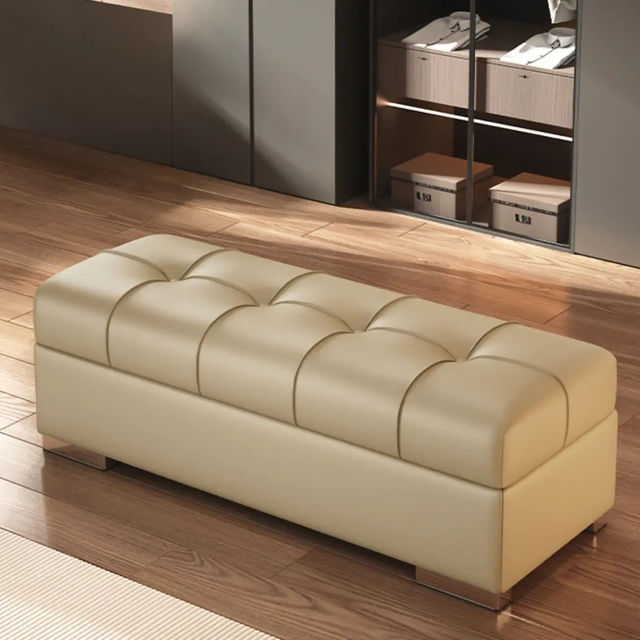 Modern Leather Upholstered Bedroom Bench with Storage Image - 3