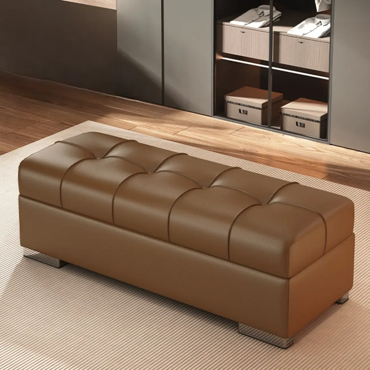 Modern Leather Upholstered Bedroom Bench with Storage Image - 5