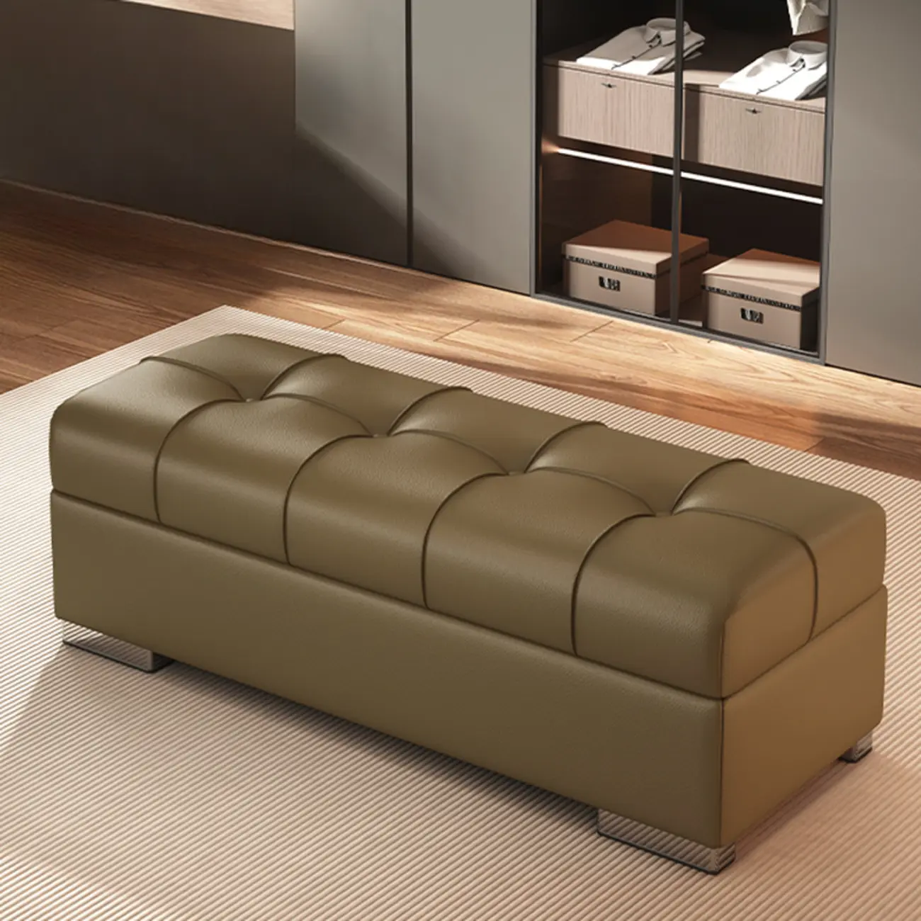 Modern Leather Upholstered Bedroom Bench with Storage Image - 7 | homeyfad