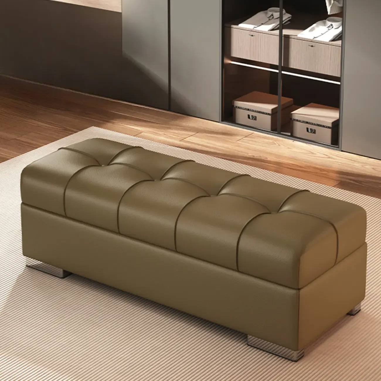 Modern Leather Upholstered Bedroom Bench with Storage Image - 7