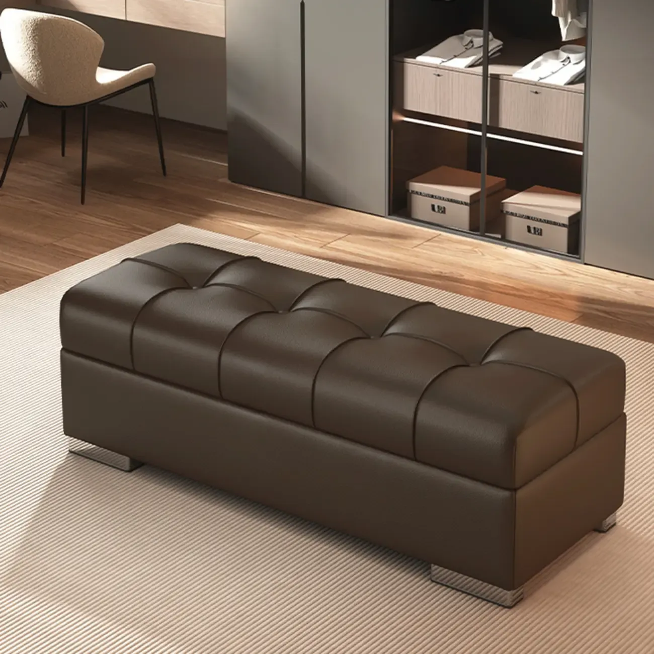 Modern Leather Upholstered Bedroom Bench with Storage Image - 8