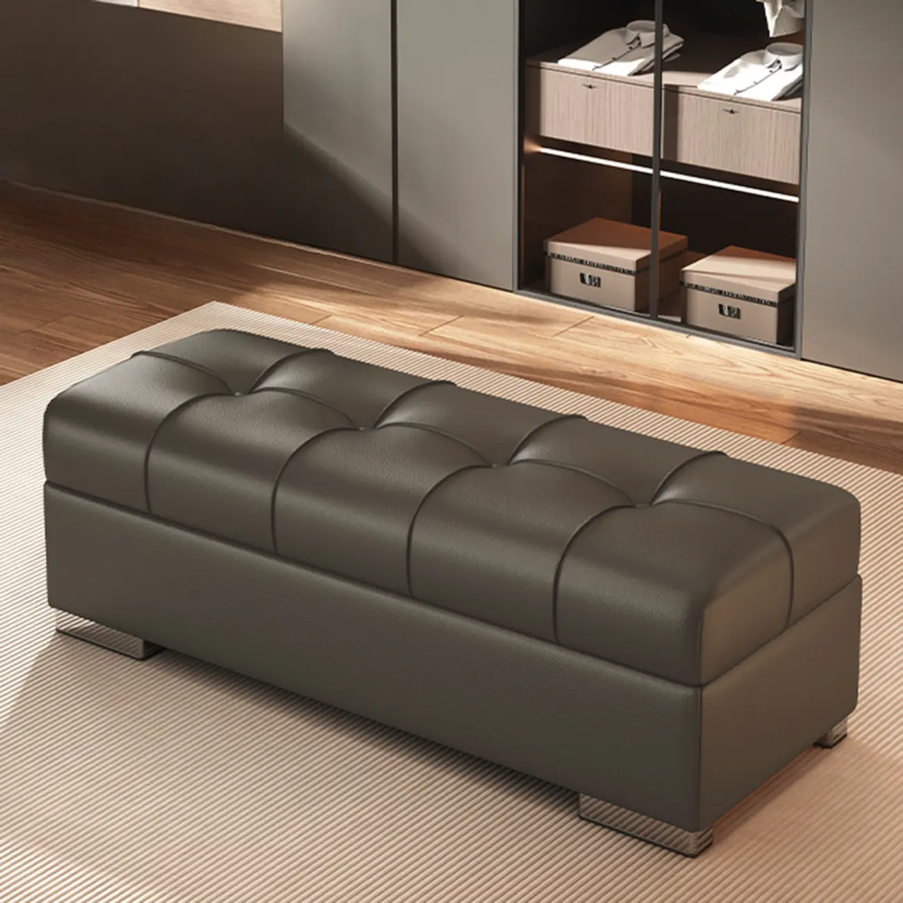 Modern Leather Upholstered Bedroom Bench with Storage Image - 9 | homeyfad