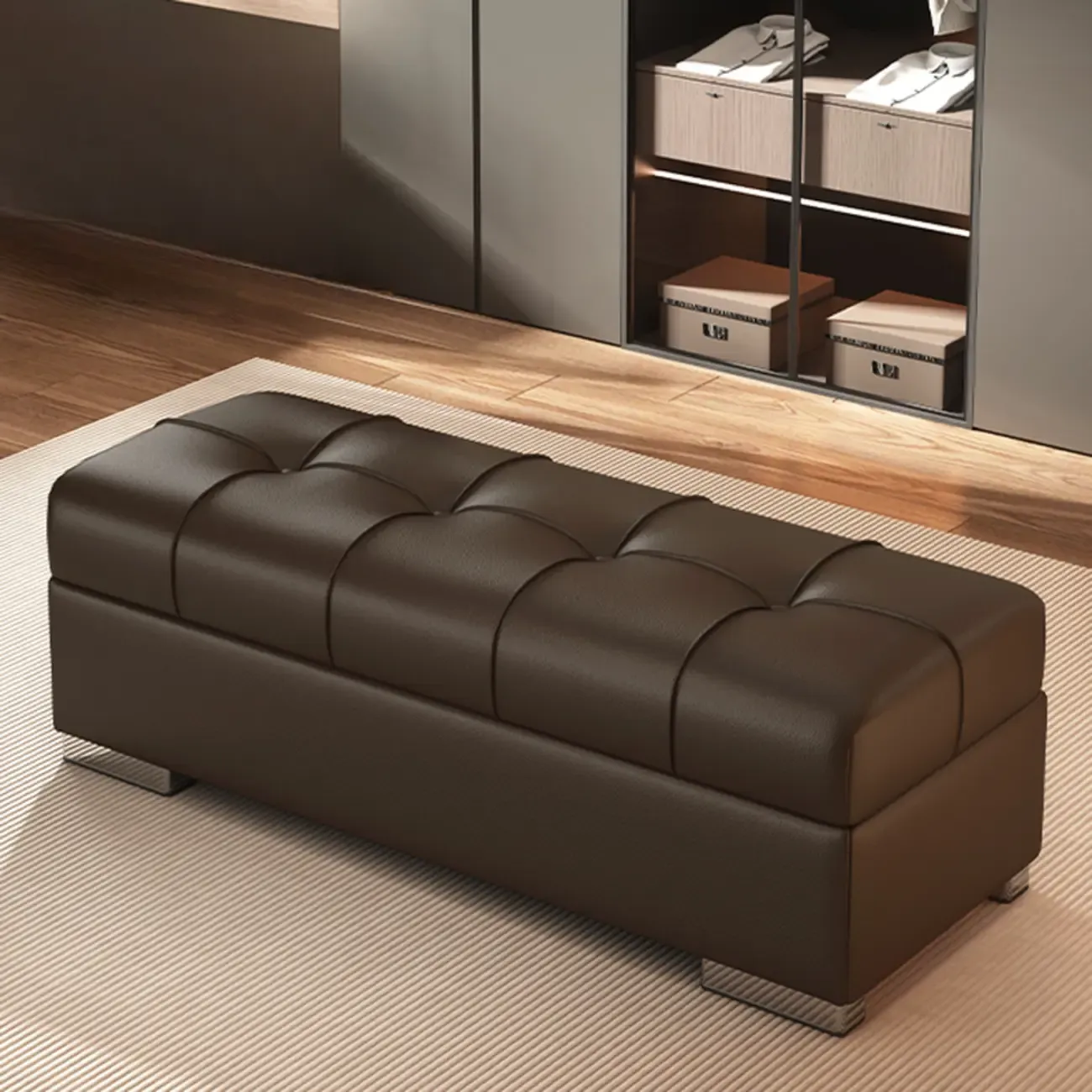Modern Leather Upholstered Bedroom Bench with Storage Image - 11