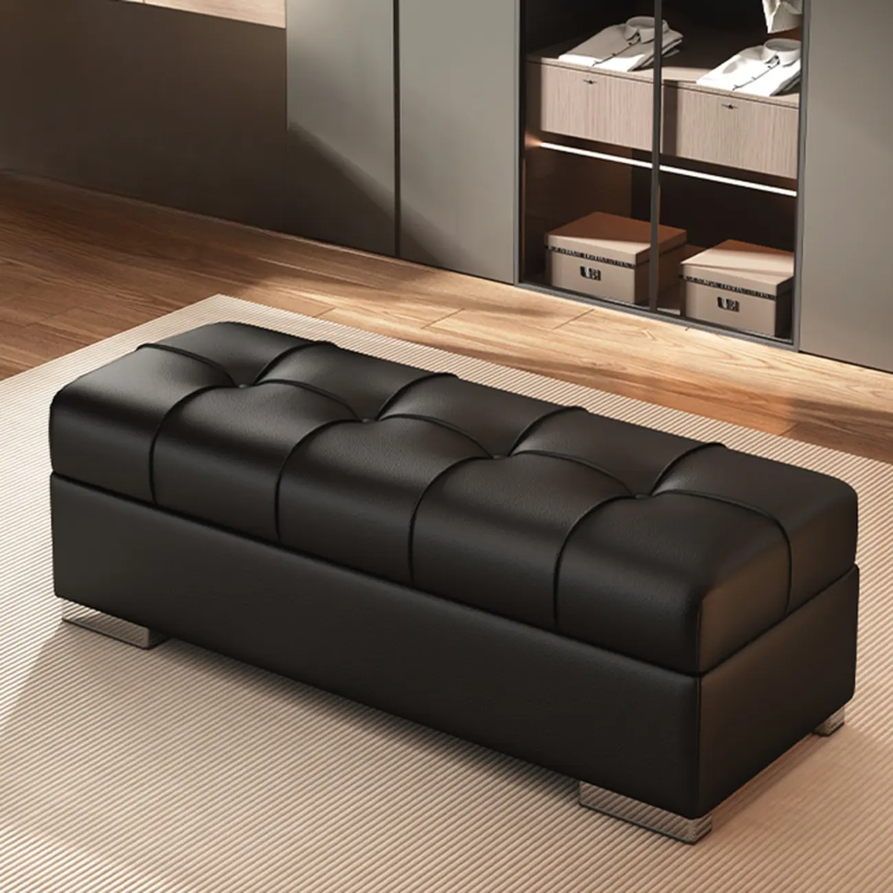 Modern Leather Upholstered Bedroom Bench with Storage Image - 12 | homeyfad
