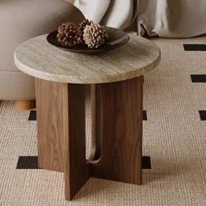 Modern Travertine TOP Round Accent Table with Wood Base Image - 1