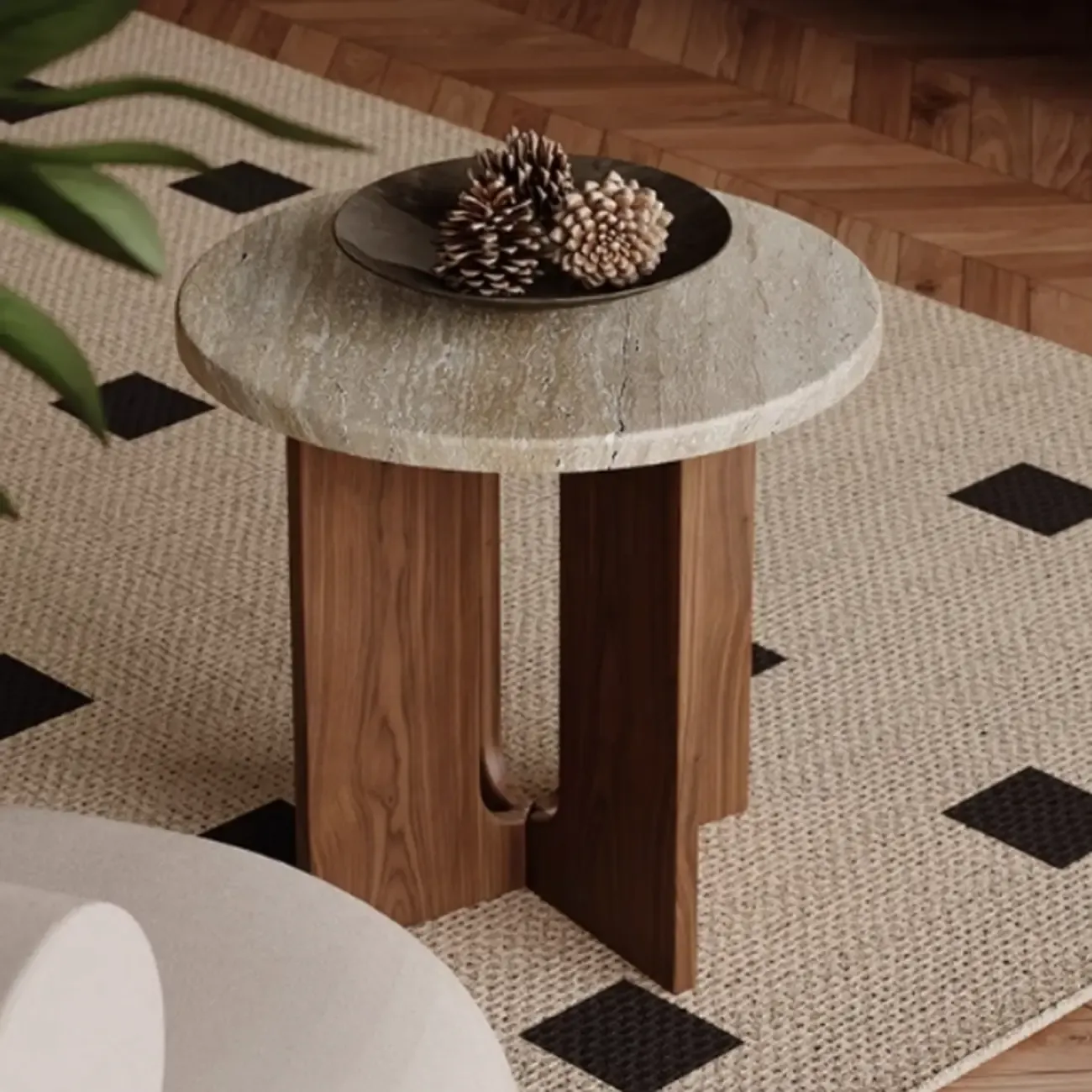 Modern Travertine TOP Round Accent Table with Wood Base Image - 3