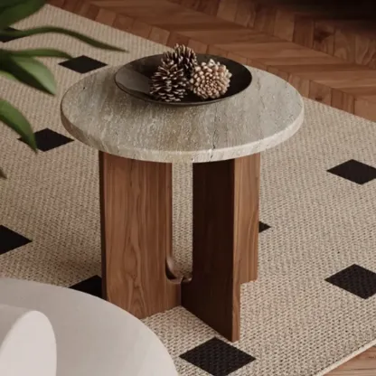 Modern Travertine TOP Round Accent Table with Wood Base Image - 3