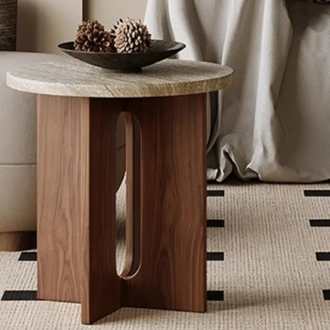 Modern Travertine TOP Round Accent Table with Wood Base Image - 4