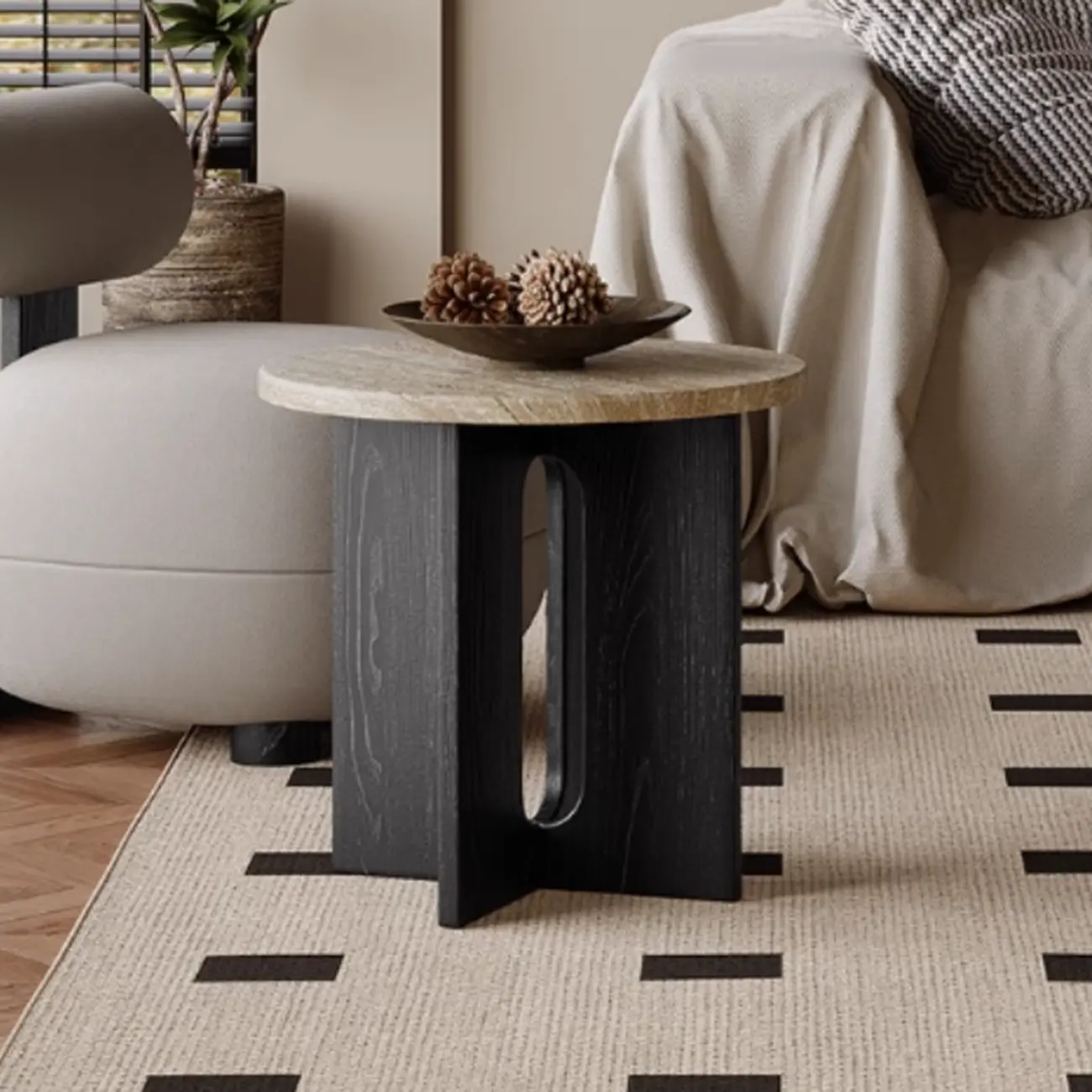 Modern Travertine TOP Round Accent Table with Wood Base Image - 5 | homeyfad