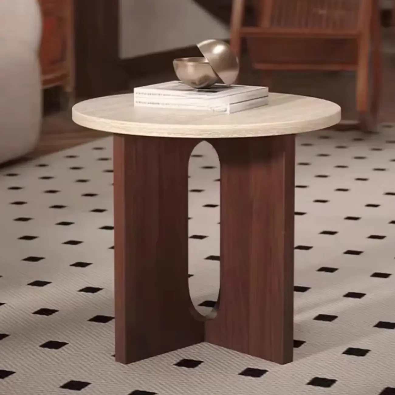 Modern Travertine TOP Round Accent Table with Wood Base Image - 7