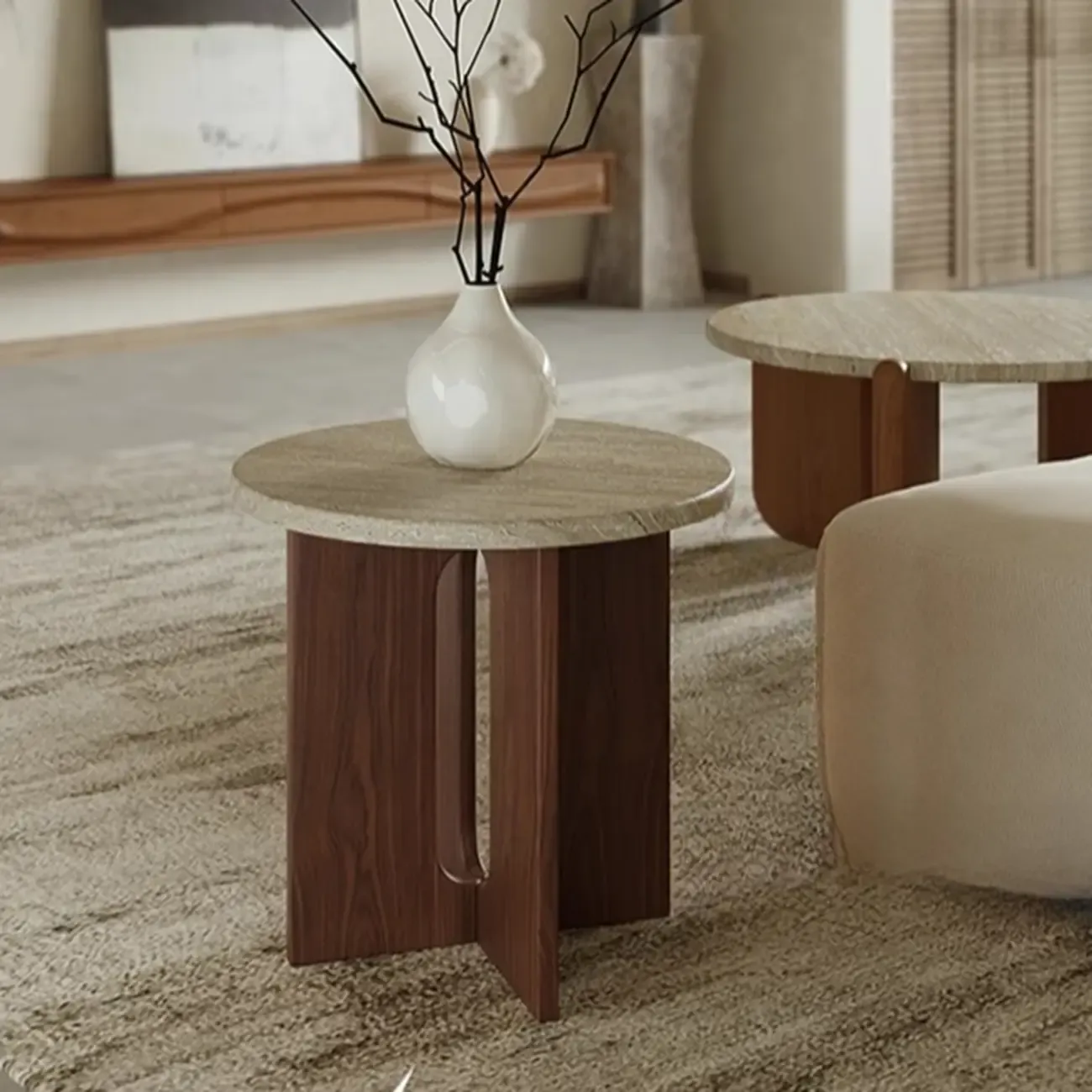 Modern Travertine TOP Round Accent Table with Wood Base Image - 8